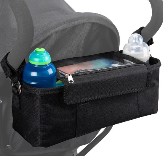 Buggy Organizer, kinderwagen organizer, tas, met oa transparant vakje voor je mobiel en waterdichte regenhoes, zwart van Little Listeners.