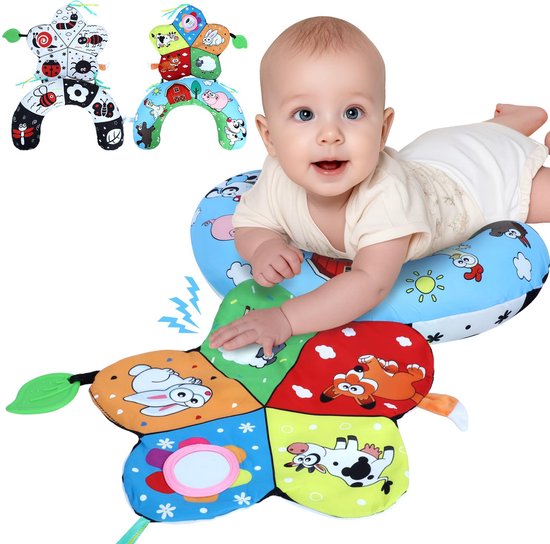 Buiktijdkussen, Hoog Contrast Buiktijdmat Met Zwart-witte Flitskaarten, Dubbelzijdig Buiktijdkussen Met Spiegel En Bijtring, Babyspeelgoed Voor Pasgeboren Baby's Van 0-12 Maanden van Merkloos