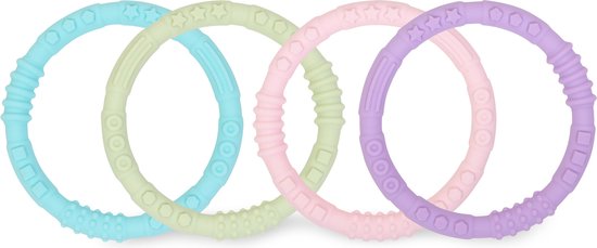 Bumkins - Silicone Teething Rings Siliconen Baby Bijtringen - Set van 4 Grijpringen voor Doorkomende Tandjes - Zacht Bijtspeeltje - Spring