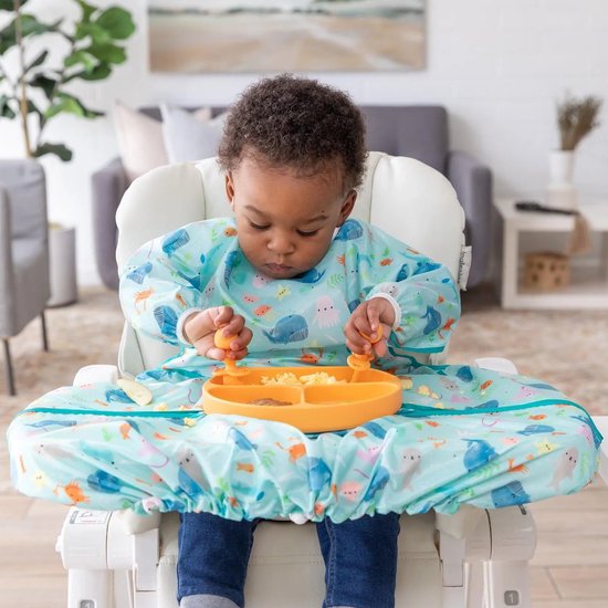 Bumkins Tray Mate Sleeved Bib Mouwslab voor Kinderstoel - Extra Lange Waterdichte Knoeislab met Klittenband - Tafelbescherming - 6 tot 24 maanden - Ocean Life