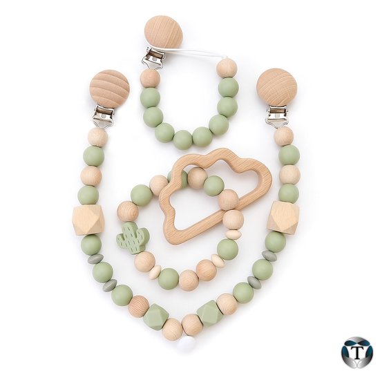 Bundel - Wagenspanner - Bijtring - Speenkoord - Matcha Green - Luxe - Baby - Jongen - Meisje - Set - Cadeau - Handgemaakt - Kraamcadeau - Kralen - Wolk - TheOldOmen van TheOldOmen