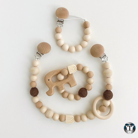 Bundel | Wagenspanner | Bijtring | Speenkoord | Natuurlijke Tinten | Luxe | Baby | Kraamcadeau | Kralen | Olifant | TheOldOmen van TheOldOmen