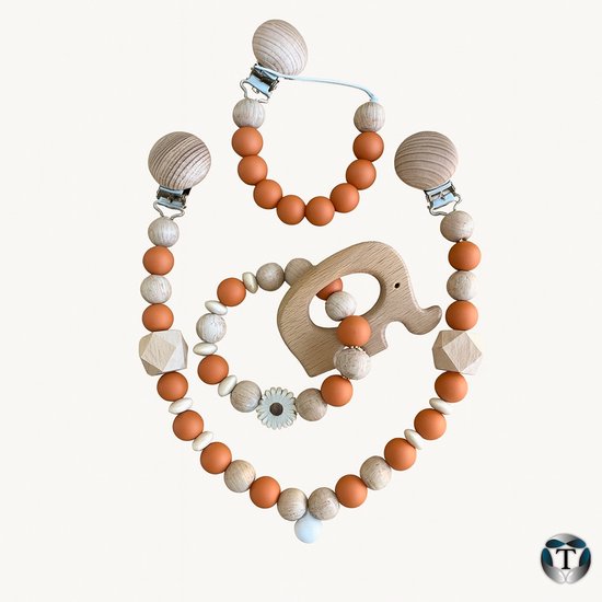 Bundel | Wagenspanner | Bijtring | Speenkoord | Rust | Luxe | Baby | Jongen | Meisje | Set | Cadeau | Handgemaakt | Kraamcadeau | Kralen | Olifant | TheOldOmen
