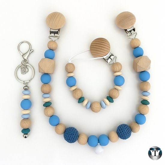 Bundel - Wagenspanner - Sleutelhanger - Speenkoord - Blauwtinten - Luxe - Baby - Jongen - Meisje - Set - Cadeau - Handgemaakt - Kraamcadeau - Kralen - TheOldOmen