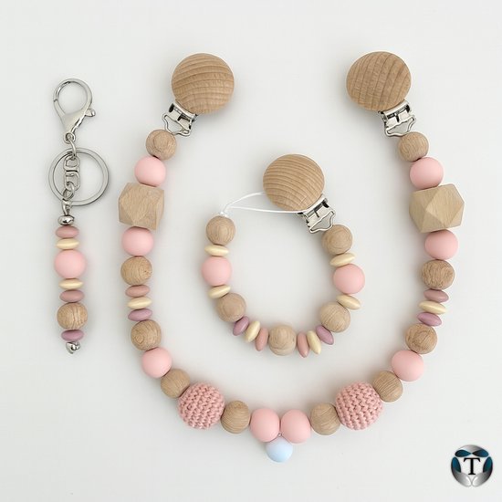 Bundel - Wagenspanner - Sleutelhanger - Speenkoord - Rozetinten| Luxe - Baby - Jongen - Meisje - Set - Cadeau - Handgemaakt - Kraamcadeau - Kralen - TheOldOmen van TheOldOmen