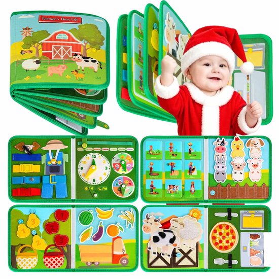 Busy Board Montessori Interactief Boek 1 jaar - Educatieve Zintuiglijke Rust Boek - Vilt Montessori Educatieve Spelletjes voor Kinderen 1 2 3 Jaar - Cadeaus voor Jongen en Meisje - Groen