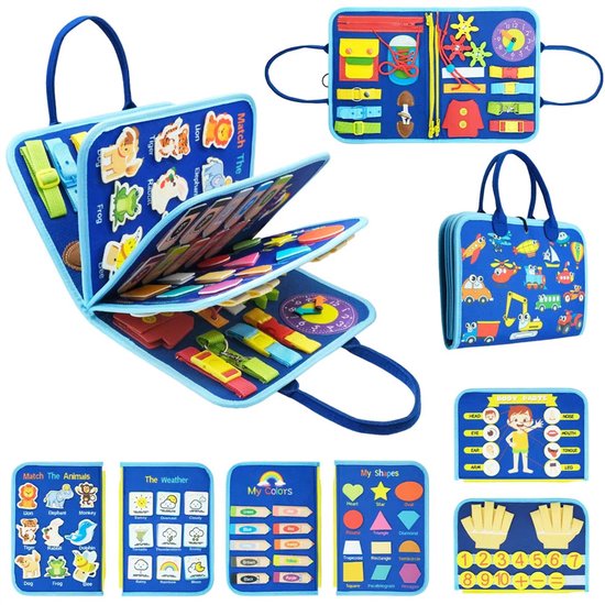 Busy Board - Montessori Speelgoed - Peuter Speelgoed - Activiteitenboek - Sensorisch Speelgoed - Reisspeelgoed - Educatief Speelgoed - Voor in de Auto - Cadeaus voor jongens en meisjes van 1 tot 4 jaar - Hemelsblauw