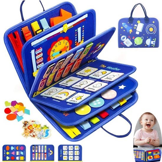 Busy board, Montessori-speelgoed voor jongens, sensorisch bord als verjaardagscadeau – educatief activiteitenboek, leerspeelgoed, leeractiviteiten voor kleuters en reisspeelgoed voor in het vliegtuig of de auto, blauw, voor 1-3 jaar