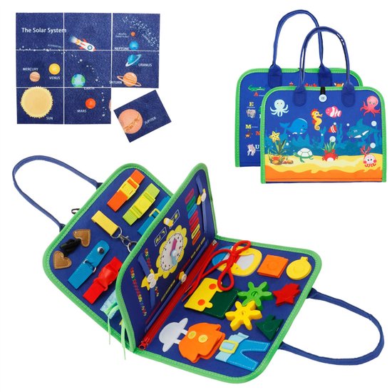 Busy Board Montessori speelgoed voor peuters, sensorisch boek met educatieve activiteiten voor het ontwikkelen van fijne motoriek, verjaardagscadeau voor jongens en meisjes, reisspeelgoed voor kinderen in de auto of vliegtuig, Donkerblauw van Merkloos