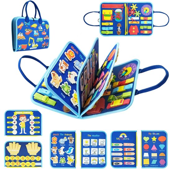 Busy Board Montessori speelgoed voor peuters, sensorisch boek met educatieve activiteiten voor het ontwikkelen van fijne motoriek, verjaardagscadeau voor jongens en meisjes, reisspeelgoed voor kinderen in de auto of vliegtuig, Lichtblauw van Merkloos