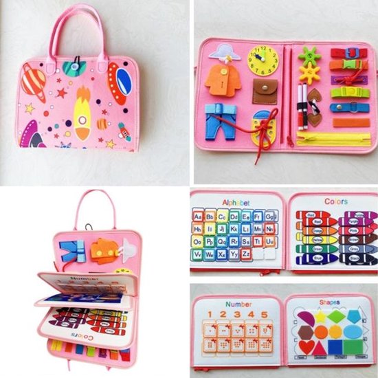 Busy Board Montessori speelgoed voor peuters, sensorisch boek met educatieve activiteiten voor het ontwikkelen van fijne motoriek, verjaardagscadeau voor jongens en meisjes, reisspeelgoed voor kinderen in de auto of vliegtuig, Roze van Merkloos