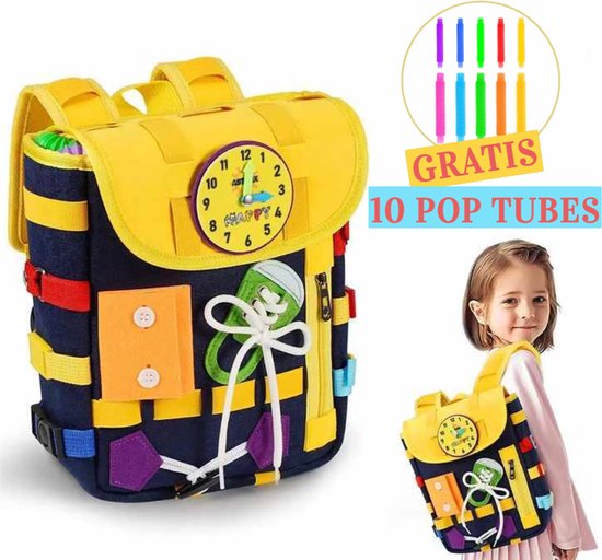Busy Board Rugzak + GRATIS 10 Pop Tubes - Speelgoed voor Onderweg - 2-5 jaar - Reisspellen - Rugzak voor Kinderen - Schooltas Peuter - Schoolrugzak Kleuter - Speelgoed Voor In De Auto - Sensorisch Speelgoed van Laloves.