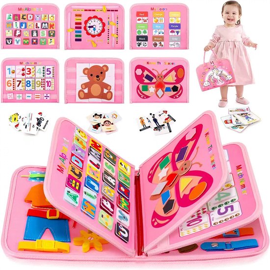 Busy Board voor Peuters - Montessori Speelgoed voor Fijne Motoriek - Activiteitenboek - Sensorisch Speelgoed - Educatief Speelgoed - Reisspeelgoed - Busy Book Babyspeelgoed - 2+ jaar - Roze