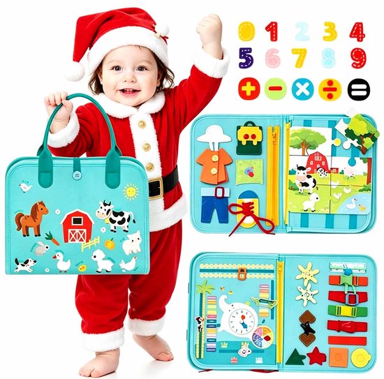 Busy Book Vanaf 1 Jaar - Quiet Book Vanaf 1 Jaar - Vilt Busy Board 2 - Montessori Speelgoed 2 Jaar - Motoriek Speelgoed Voor Reizen, Auto, Vliegtuig, Ideaal Educatief Sinterklaas Speelgoed - Lichtblauw