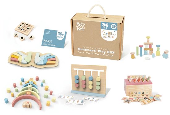 BusyKids Montessori Set - Houten Speelgoed Set 3 Jaar - Uitdagend & Educatief - Bevordert De Fijne Motoriek - Incl. Puzzel, Balansstenen & Sorteerdoos van Merkloos