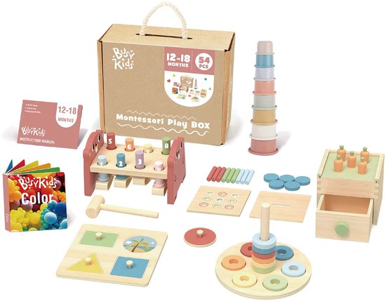 BusyKids Montessori Speel Box - Play Box - Houten Speelgoed Set - Educatief Speelgoed 54-Delig - 12 tot 18 maanden van Merkloos