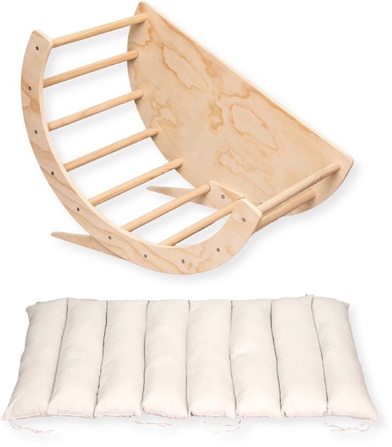 Buxibo 2-in-1 Klimboog met Kussen – Houten Speelboog – Montessori Klimrek – 80x47x58 cm – Naturel van Merkloos