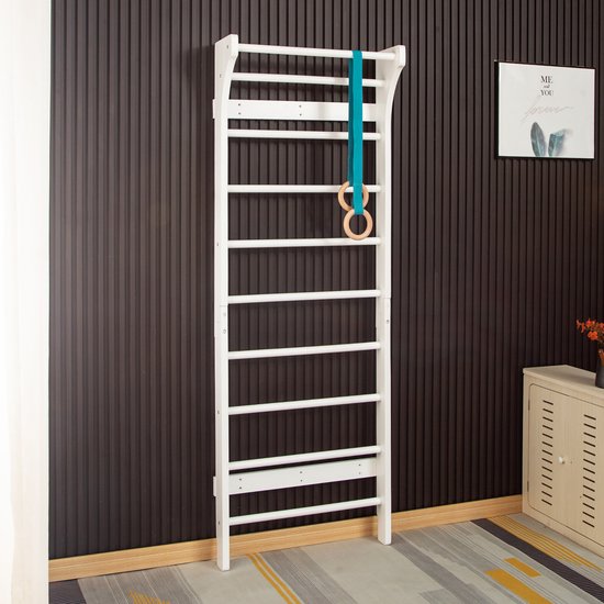 Buxibo Klimwand van Hout – Wandklimrek voor Binnen – Gym Speeltoestel voor Kinderen – 190x68x8 cm – Wit van Merkloos