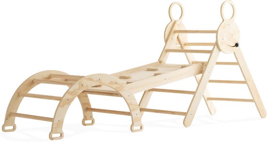 Buxibo Mini Klimrek – Houten Klimrek met Klimboog & Klimhelling met Glijbaan – Montessori Speelgym voor Binnen – 176x47x82 cm – Naturel van Buxibo
