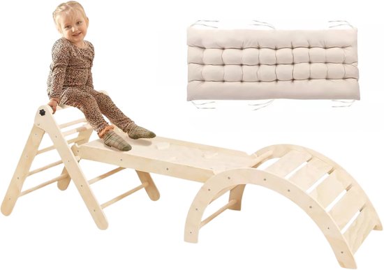 Buxibo Mini Klimrek Set – Klimdriehoek & Klimboog met Kussen & Klimhelling met Glijbaan – Montessori Speelgym – 176x47x82 cm – Naturel van Buxibo