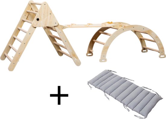 Buxibo Opvouwbare Driehoek + Klimboog met Kussen + Helling met Klimrek/Glijbaan - Montessori Meubels Houten Speelgym - Naturel van Buxibo