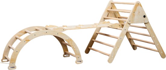 Buxibo XXL Klimrek - Opvouwbare Driehoek + Klimboog + Helling met Glijbaan - Montessori Meubels Houten Speelgym - Naturel - 210x83x81cm van Buxibo