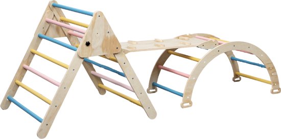 Buxibo XXL Klimrek - Opvouwbare Driehoek + Klimboog + Helling met Glijbaan - Montessori Meubels Houten Speelgym - Pastelkleuren - 210x83x81cm van Buxibo