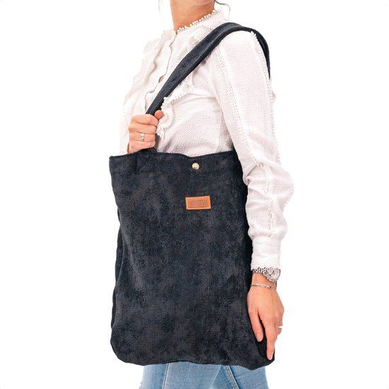 ByKay Mom Bag Ribstof - Gevoerde Luiertas met Druksluiting - Stevig, Zacht & Wasbaar - 40x47cm Shopper Formaat - Geschikt voor Laptop tm 15" - Smokey Black van ByKay