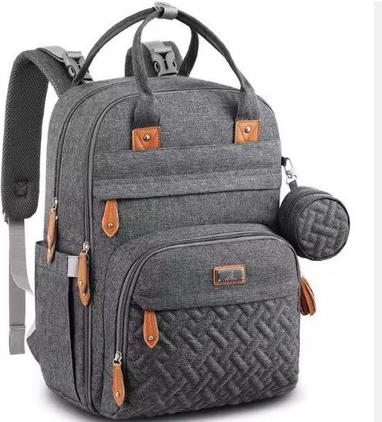 BZNDR® Luiertas Rugzak - Inclusief Verschoningsmat - Handig Aanhaken aan Kinderwagen of Buggy - Met Fopspeenhouder - Stijlvolle grijze uitvoering van BZNDR®
