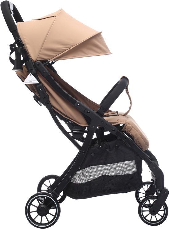 Cabino® Buggy Compact PLUS + Makkelijk Inklapbaar - Geschikt Voor Vliegtuig (Handbagage) & tot 22kg Wandelwagen Buggy Met Verstelbare Rugleuning en Grote Boodschappenmand Inclusief Reishoes & Bekerhouder - Beige van Cabino
