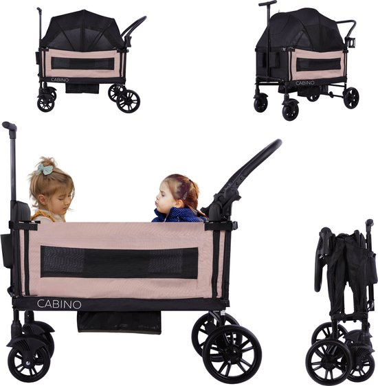 Cabino Waggie Bolderkar Opvouwbaar Met 2 Zitjes – Inclusief Duwstang, Trekbeugel & Drinkbeker – Max. 44 kg - Zwart / Taupe van Cabino