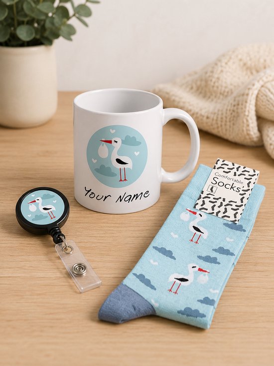 Cadeau Set Verloskundige – Gepersonaliseerde Mok, Sokken & Badgehouder - Origineel Kraamcadeau