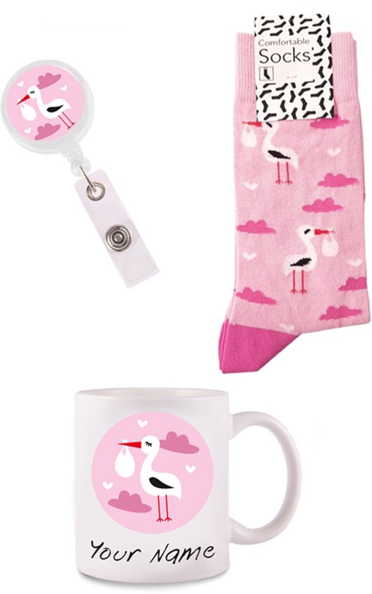 Cadeau Set Verloskundige Roze - Gepersonaliseerde Mok, Sokken & Badgehouder - Origineel Kraamcadeau van Cadeau.
