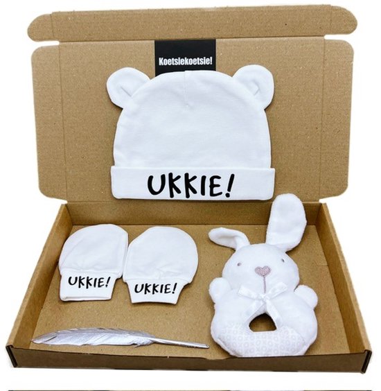 Cadeau zwangerschap, zwangerschapscadeau, kraamcadeau unisex, cadeau babyshower, cadeau gender reveal, babymuts en rammelaar, kan ook rechtstreeks worden verstuurd van Mumbles & Nods