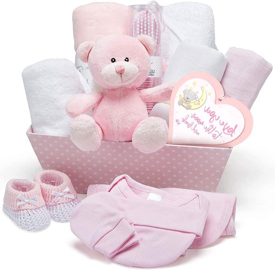 Cadeaumand Baby - Kraamcadeau Set - Babyshower Vieren - Compleet Samengesteld - 30 x 23 x 28.5 cm - Roze