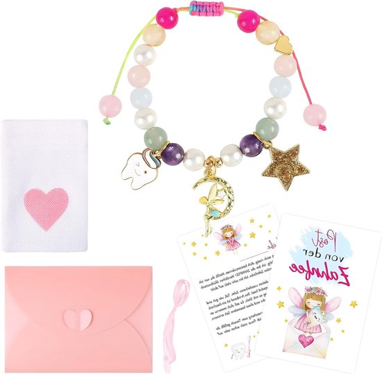 Cadeaus voor de Tandfee voor Meisjes met Postkaart en Opbergzak, Kleurige Armbanden, Parelarmband en Melktanden Geschenken voor Verjaardag, Doop en Kerst, Perfect voor Dochters en Nichten