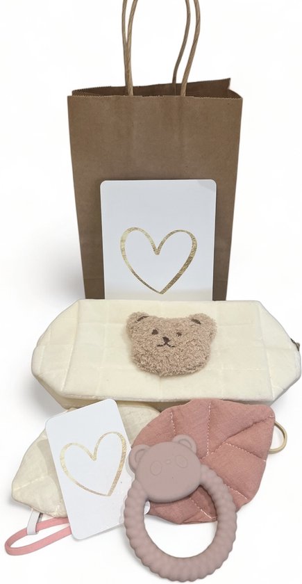 Cadeauset geboorte baby - beren etui - 2x speedkoord roze wit - bijtring - 100% veilig - BPA vrij - babyshower - kraamcadeau - geboorte - babycadeau van Duimelotje