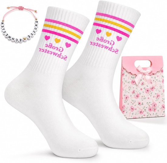 Cadeauset voor grote zussen met katoenen sokken en parelarmband, perfect als kraamcadeau voor meisjes, geschenk voor trotse zus met geschenkzakje