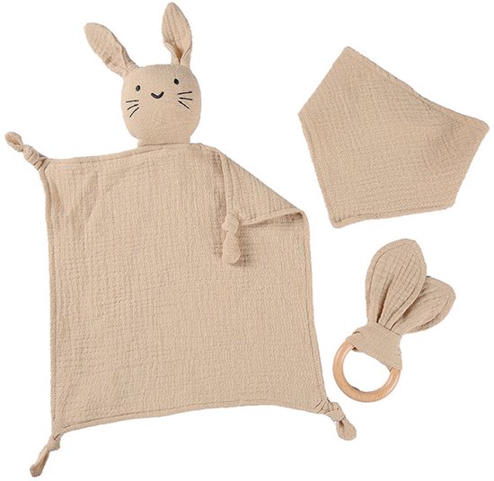 Cadeauset voor pasgeborenen - Geschikt voor zowel jongens als meisjes - Bevat een driedelige babycadeauset - inclusief een knuffelkonijntje, houten bijtring en slabbetje - Geschikt voor pasgeborenen - Knuffeldekentje 30 x 30 cm -Khaki kleur van Merkloos