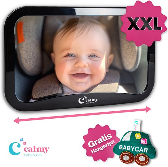 Calmy Autospiegel Baby XXL - Verstelbare Spiegel - Achteruitkijkspiegel - Veiligheidsspiegel - Baby en Kids - 19 x 30cm - 360 graden draaibaar - Zwart van Calmy