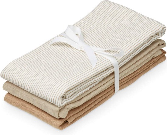 Cam Cam hydrofiele doeken set van drie 70x70 - classic stripes, camel, praline van Cam Cam