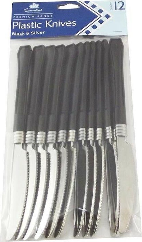camping : 12x  ZILVER LOOK KUNSTSTOF BESTEK MET ZWARTE HANDMESSEN van Camp