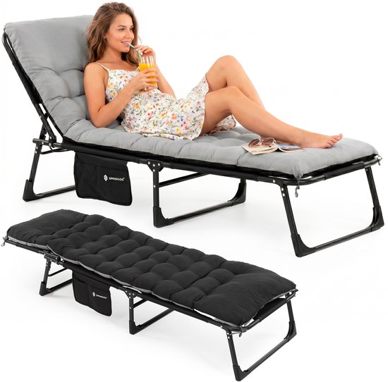 Campingbed | Campingstoel | Kampeerstoel | Verstelbaar | Vouwstoel | Visstoel | Inklapbaar | Zwart/Grijs | 120 Kg | 175 x 57 x 70 Cm