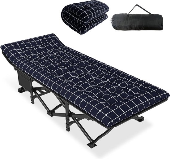Campingbed Opklapbaar logeerbed tot 200 kg voor, opklapbed met zijvak, draagbare campingligstoel, buiten, tuin, kamperen, reizen, binnen van Camp