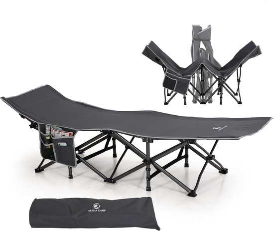 Campingbed, veldbed, inklapbaar, ultralicht, campingstoel met zijvak en draagtas, Oxford-weefsel, stabiel slaapbed, logeerbed voor camping, outdoor, binnen van Camp