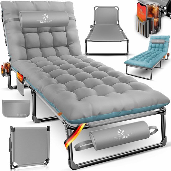 Campingligstoel – kampeerbed – visligstoel – 190×68 cm – opvouwbaar – met kussen – grijs / blauw