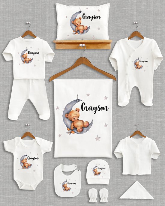 Can Baby - 11 Delig Geboorte pakje met naam - 100% biologisch katoenen - Kraamcadeau - Geboortepakje - Babyshower cadeau - Baby shower cadeau set - Ziekenhuis set - Nieuwe Babydeken Kussen Coming Home Outfits - New Baby Gifts - Newborn Kleding,