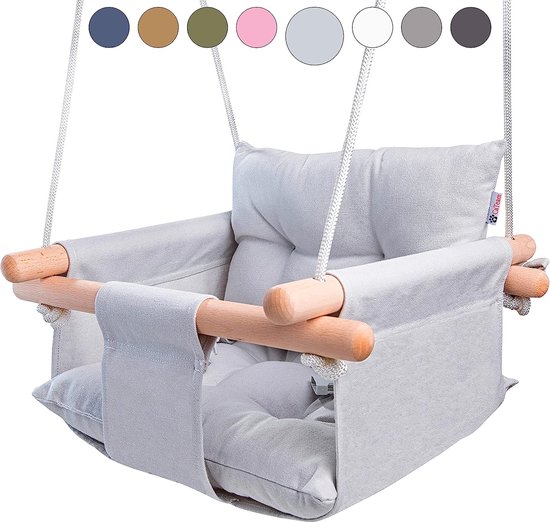 Canvas Baby Swing, Houten Hangende Swing Seat Stoel Met Veiligheidsgordel, Duurzame Baby Hangmat Stoel, Outdoor en Indoor Swing voor Kinderen, Montagehardware inbegrepen, Grij van MAWA Nursery