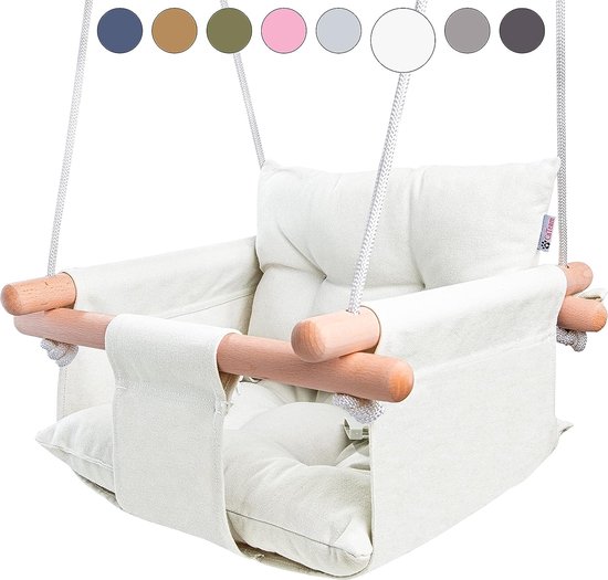 Canvas Baby Swing, Houten Hangende Swing Seat Stoel Met Veiligheidsgordel, Duurzame Baby Hangmat Stoel, Outdoor en Indoor Swing voor Kinderen, Montagehardware inbegrepen, Ivoor van Funlio