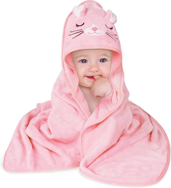 Capuchonhanddoek voor baby's - 80 x 80 cm - Zacht en absorberend - Uniseks - Roze dierenmotieven